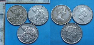1974, 87, 2002 - 5 cents - 3x Nový Zéland, každý jiný typ