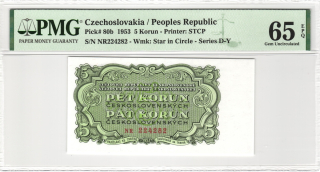 1953 - 5 korun, bankovka - NR 224282, certifikace PMG 65 EPQ Gem Uncirculated