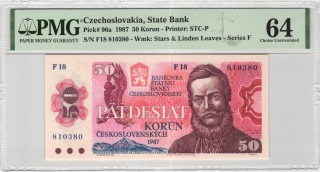 1987 - 50 korun, bankovka - F18 810380, certifikace PMG 64 EPQ Choice Uncirculated