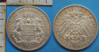 1911 J - 3 mark, stříbro - Svobodné město Hamburg