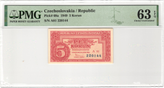 1949 - 5 korun, bankovka - A 81 220144, certifikace PMG 63 EPQ Choice Uncirculated