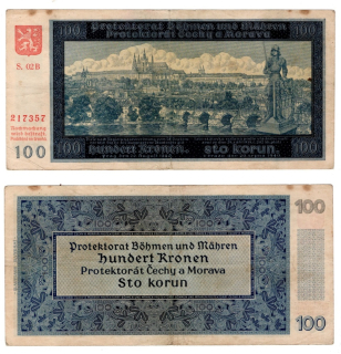 1940 -100 korun, bankovka - S02B 217357, Protektorát Čechy a Morava, II.vydání