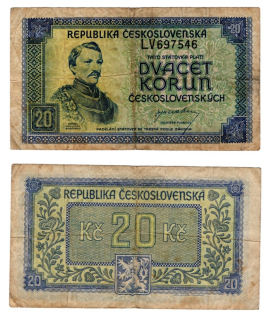 1945 (bez data) - 20 korun, bankovka - LV697546, ČSR
