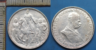 1896 KB - 1 koruna, stříbro - pamětní, příchod Maďarů - František Josef I.