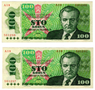 1989 - 100 Kčs, bankovky - po sobě jdoucí čísla A19 501297, A19501298, 2x Klement Gottwald, pěkný stav