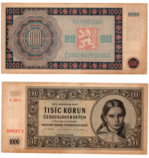 1945 - 1000 korun, bankovka - 19 C 396273, pěkná