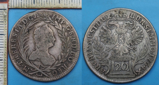 1764 - 20 krejcar, stříbro - Marie Terezie, Praha, Erdmann
