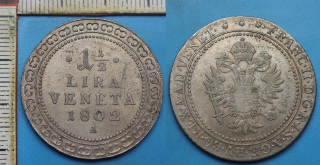 1802 A - 1 a 1/2 lira (30 soldi), stříbro - František I., pro Benátky, vzácnější