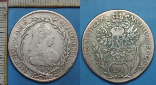 1772 EvS AS - 20 krejcar, stříbro - Marie Terezie, Praha, P.Erdmann