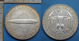 1930 A - 5 reichsmark, stříbro - Německo, Graf Zeppelin