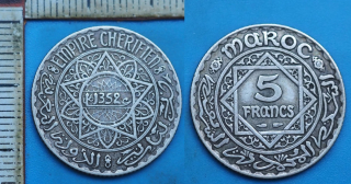 1934 AH 1352 - 5 francs, stříbro - Maroko, Mohammed V.