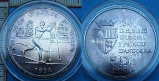 1993 - 5 diners, stříbro PROOF - Andorra, OH 1994 Lillehammer