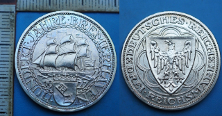 1927 A - 3 reichsmark, stříbro - Německo, Weimar, 100 let Bremerhaven, vzácnější a krásná
