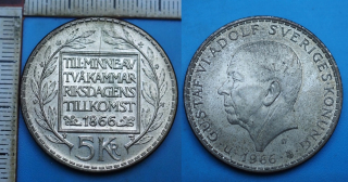 1966 - 5 kronor, stříbro - Gusaf VI. Adolf, Švédsko, výroční