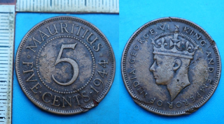 1944 - 5 cents - Jiří VI., Britský Mauritius