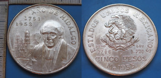1953 Mo - 5 pesos, stříbro - Mexiko, Hidalgo