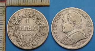 1866 R / XXI - 1 lira, stříbro - Pius IX., Vatikán
