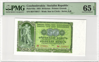 1953 - 50 korun, bankovka - BD 778817, certifikace PMG 65 EPQ Gem Uncirculated