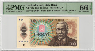 1986 - 10 korun, bankovka - V34 736386, certifikace PMG 66 EPQ Gem Uncirculated