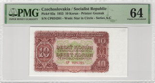 1953 - 10 korun, bankovka - CP 024201, certifikace PMG 64 EPQ Choice Uncirculated