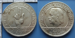 1929 J - 3 reichsmark, stříbro - Přísaha, Hindenburg, Weimar