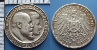 1911 F - 3 mark, stříbro - Vilém II. a Charlotte, stříbrná svatba, Wuerttemberg