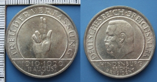1929 F - 3 reichsmark, stříbro - Přísaha, Hindenburg, Weimar