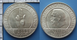 1929 D - 3 reichsmark, stříbro - Přísaha, Hindenburg, Weimar
