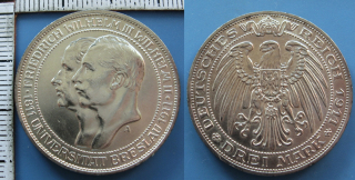 1911 A - 3 mark, stříbro - Friedrich Wilhelm III., Wilhelm II., Prusko, Univerzita Vratislav