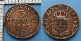1862 A - 3 pfenninge - Prusko, Wilhelm I., lak