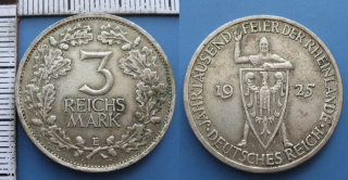 1925 E - 3 reichs mark, stříbro - Německo, Weimar, Porýní