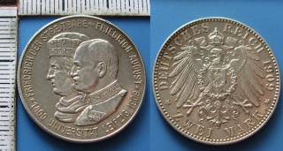 1909 E - 2 mark, stříbro - Sasko, Friedrich August III., Univerzita Lipsko