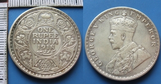 1918 - 1 rupie, stříbro - Britská Indie, Jiří V.