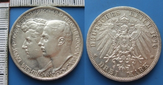 1910 A - 3 mark, stříbro - Sasko - Výmar - Eisenach, Wilhelm Ernst, svatební, pěkná a vzácnější