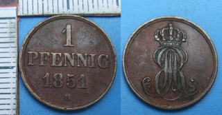 1851 B - 1 pfennig - Hannover, Ernst August
