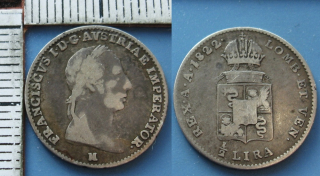 1822 M - 1/2 lira, stříbro - František I., pro Lombardsko-Benátsko