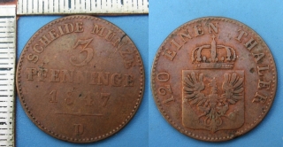 1847 D - 3 pfenninge - Prusko, Friedrich Wilhelm IV
