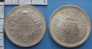 1945 - 1 rupie, stříbro - Britská Indie, Jiří VI.