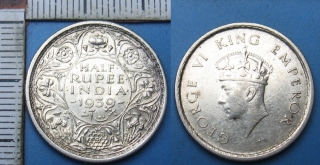 1939 - half rupie, stříbro - Britská Indie, Jiří VI.