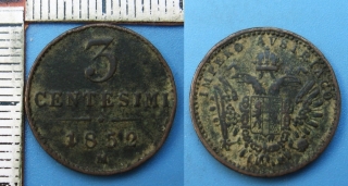 1852 M - 3 centesimi - František Josef I., pro Lombardsko-Benátsko