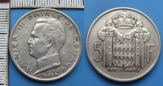 1960 - 5 francs, stříbro - Monako, Rainier III.