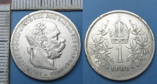 1905 - 1 koruna, stříbro - František Josef I., vzácnější, vlevo dole trochu odřená