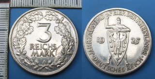 1925 A - 3 reichs mark, stříbro - Německo, Weimar, Porýní