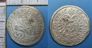 1686 - VI krejcar, stříbro - Leopold I., Vídeň, M.Mittermayer, vada materiálu