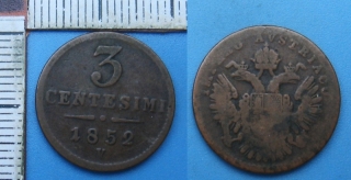 1852 V - 3 centesimi - František Josef I., pro Lombardsko-Benátsko
