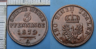 1872 A - 3 pfenninge - Prusko, Wilhelm I., lak