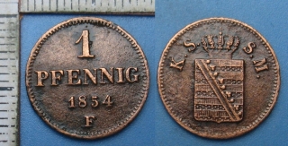1854 F - 1 pfennig - Sasko, Friedrich August II., lak