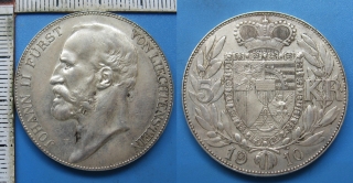 1910 - 5 korun, stříbro - Lichtenštejnsko, Johann II., pěkný