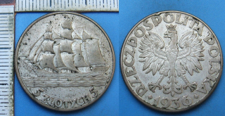 1936 - 5 zlotych, stříbro - Polsko, plachetnice, pěkný