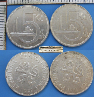 1929 - 2x 5 Kč, stříbro - obrácené vlnovky, pěkné